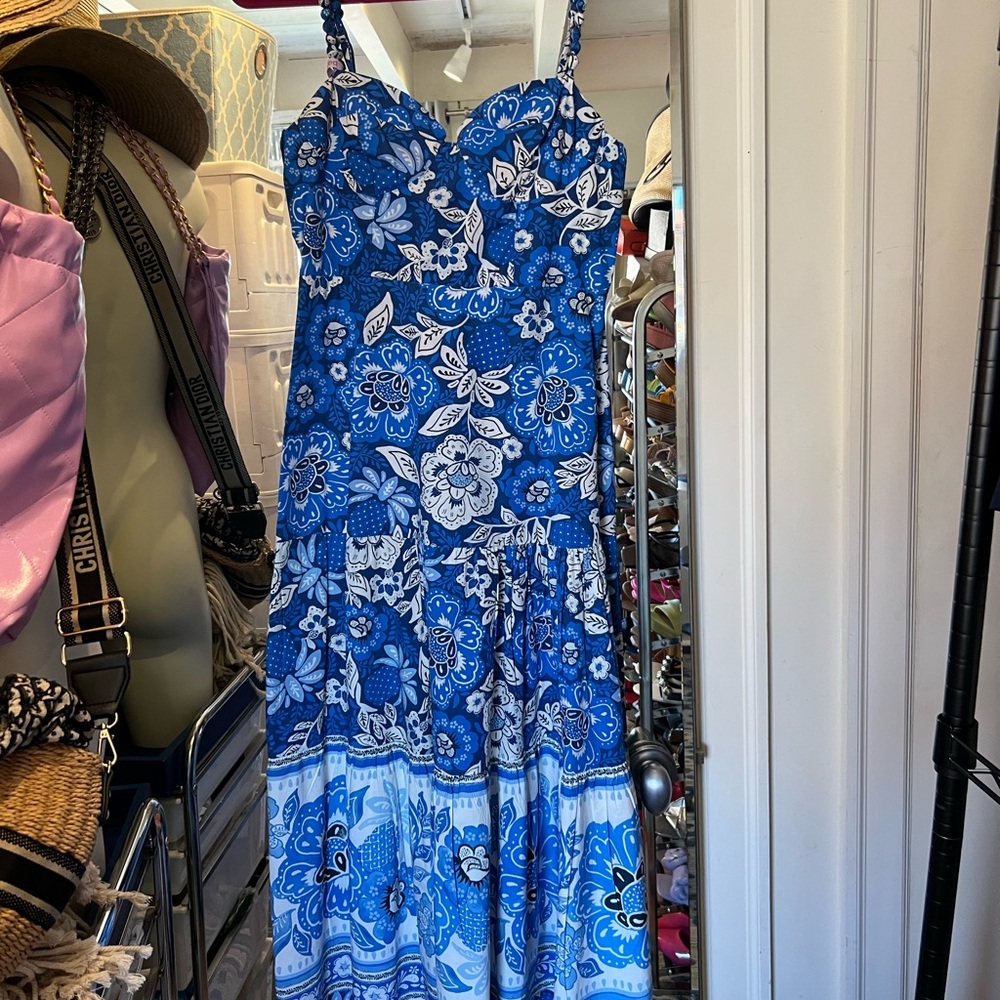 FARM Rio Blue and White Sleeveless Maxi Dress